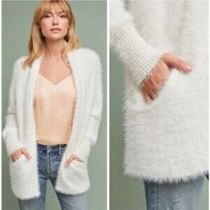 Anthropologie Knitted & Knotted White Ivory Eyelash Wool Cardigan sz M Cozy Chic